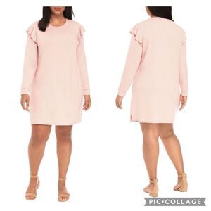 New KAARI Blue Pink Tunic Sweatshirt Dress Ruffle Shoulder Long Sleeve Large L
